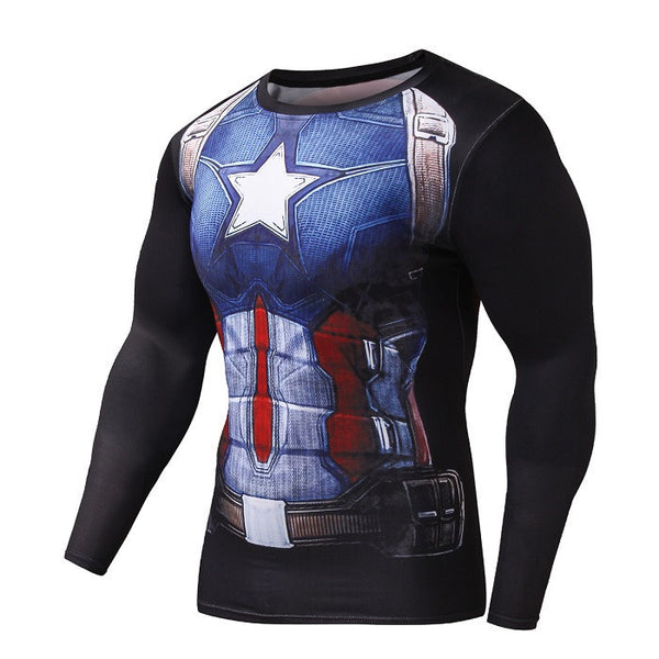 T-shirt compression noir Captain America pour homme à manches longues •  Instant Santé